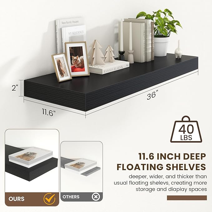 12 Inch Deep Floating Shelves | 36 Inch Black Floating Shelves | 36" W x 12" D Rustic Wood Shelves for Wall | Deep Black Shelves for Living Room Bathroom Laundry Room Kitchen