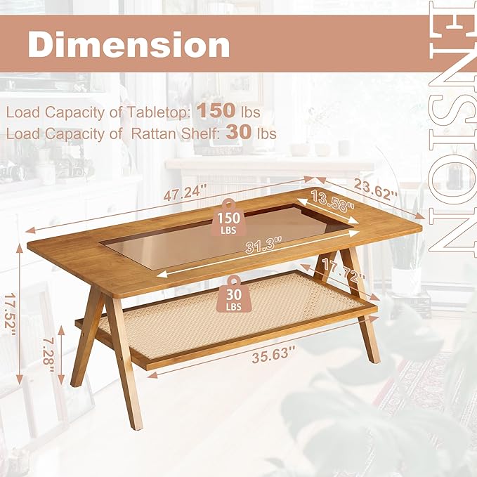 Mid Century Modern Coffee Table with Glass Top and Rattan Storage Shelf, Rectangular Natural Wooden Coffee Table, Unique Center Tables for Living Room Apartment Home, 47.2 Inch