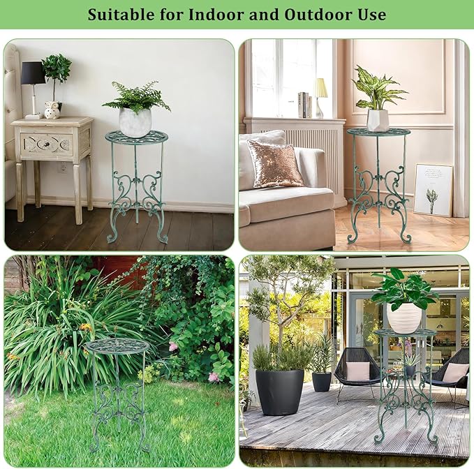 OwnMy Cast Iron Tall Plant Stand Heavy Duty Vintage Wrought Iron Flower Pot Holder, Decorative 1-Tier Potted Plant Holder Rack, Indoor Outdoor Large Metal Plant Stand for Patio Garden, Antique Green