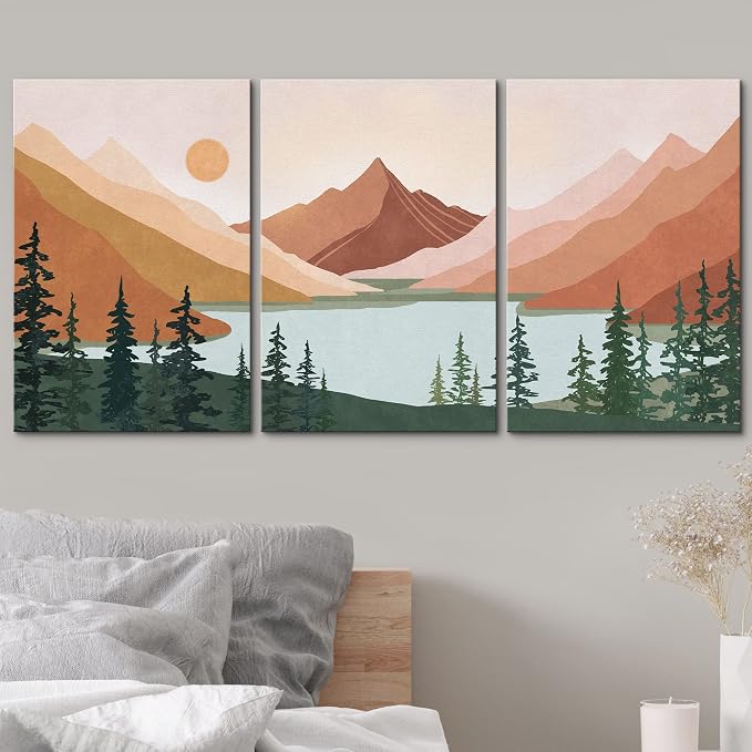 wall26 Canvas Print Wall Art Set Geometric Mountain Forest Lake Abstract Nature Illustrations Modern Art Nordic Decorative Wilderness Zen Minimal Boho for Living Room, Bedroom, Office - 24"x36"x3