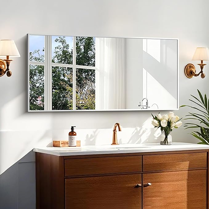 KOCUUY Silver Bathroom Mirror, 48"x24" Rectangle Bathroom Mirror for Wall, HD Tempered Glass, Anti-Rust Brushed Silver Frame, Modern Design for Bathroom, Bedroom, Living Room, Entryway.