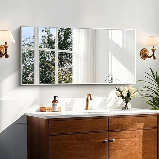KOCUUY Silver Bathroom Mirror, 48"x24" Rectangle Bathroom Mirror for Wall, HD Tempered Glass, Anti-Rust Brushed Silver Frame, Modern Design for Bathroom, Bedroom, Living Room, Entryway.