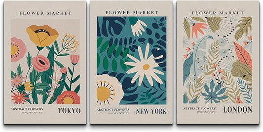 wall26 Canvas Print Wall Art Set Colorful Flower Market Exhibition Prints Nature Wilderness Illustrations Modern Art Decorative Floral Botanical Minimal Calm/Relax/Cozy for Bedroom - 16"x24" x 3