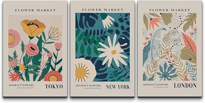 wall26 Canvas Print Wall Art Set Colorful Flower Market Exhibition Prints Nature Wilderness Illustrations Modern Art Decorative Floral Botanical Minimal Calm/Relax/Cozy for Bedroom - 24"x36" x 3