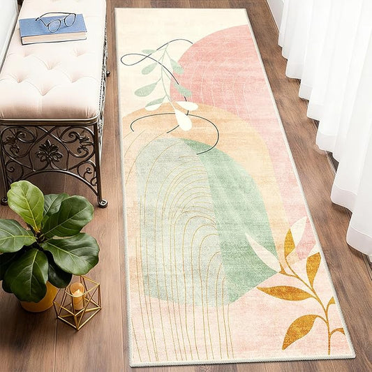 MUJOO Washable 2x6 Runner Rugs for Kitchen Hallway Bedside Bathroom Laundry Room Bedroom Floor,Boho Long Area Rug Non Slip Carpet Throw Rug Mid Century Modern Abstract Botanical Geometric Pink