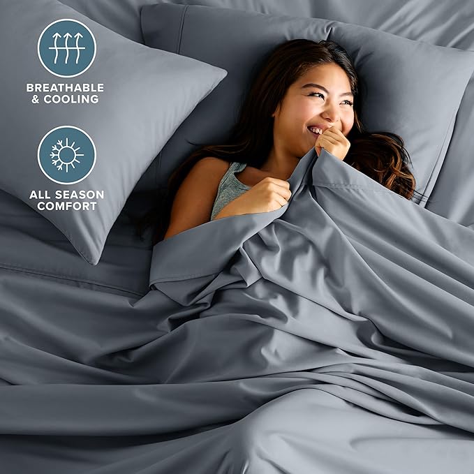 Bare Home Queen Sheet Set - 1800 Ultra-Soft Microfiber Queen Bed Sheets - Double Brushed - Deep Pockets - Easy Fit - 4 Piece Set - Bedding Sheets & Pillowcases (Queen, Steel Blue)