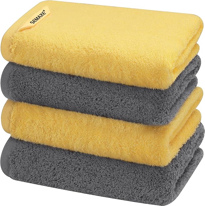 SEMAXE Hand Towels for Bathroom, 100% Cotton Towels with Hanging Loops, Soft and Absorbent, 4 Pack Hand Towel Set for Gym, Shower, Hotel, Spa and Kitchen, Yellow+Grey