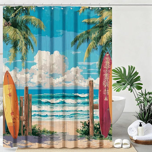 Coastal Surfboard Shower Curtain Tropical Palm Tree Shower Curtains for Bathroom Waterproof Fabric Bath Curtain Decor with Hooks