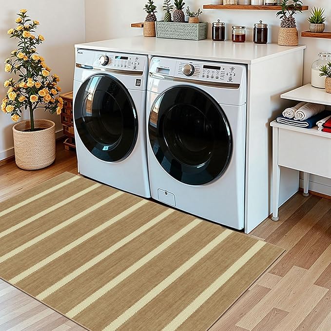 Striped 3x5 Entry Rug - Small Washable Indoor Outdoor Mats for Front Door Non-Slip Porch Rug Tan Beige Farmhouse Throw Rugs for Living Room Bedroom Entryway Kitchen Mudroom Office Porch Decor