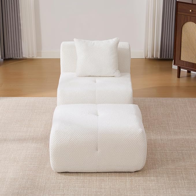 31" Minimalist Style Armless Accent Chair with Ottoman,Modern Boneless Deep Seat Single Sofa with Pillow,Comfortable Chaise Lounge,No Assembly Required for Apartment,Living Room,Bedroom,Ivory