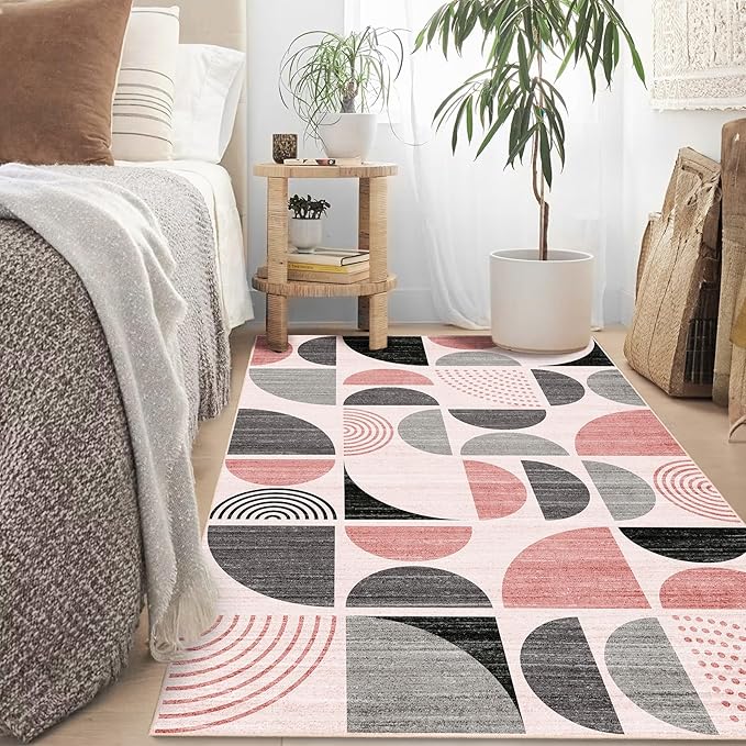 MUJOO Pink Rug Boho Washable,3x5 Area Rugs for Bedroom Entryway Living Room Bedside,Small Throw Floor Carpet Non Slip Soft Indoor Modern Abstract Pink and Grey