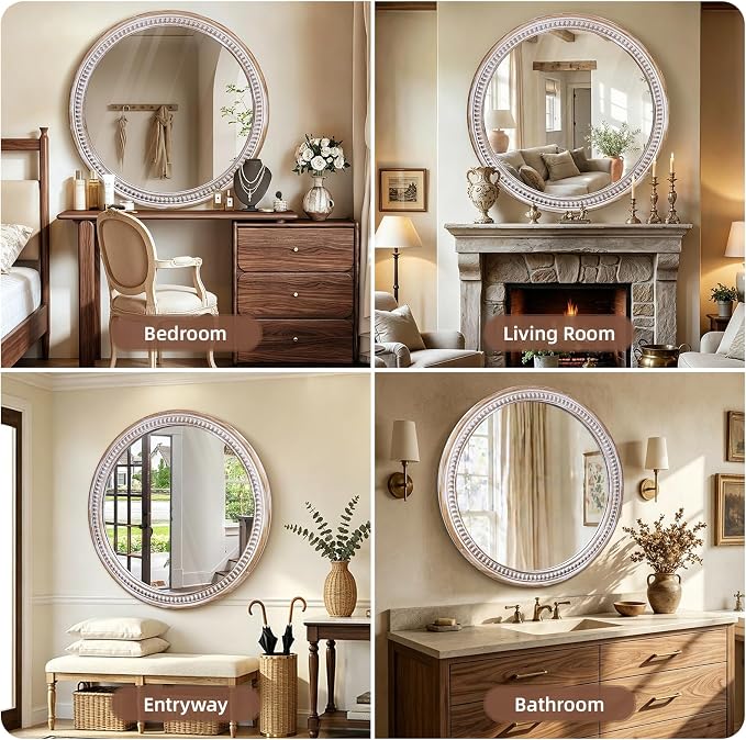 HOITUZYUS Round Wood Mirror 36 Inch Rustic Farmhouse Circle Wall Mirrors for Wall Decor, Bathroom, Vanity, Entryway Living Room