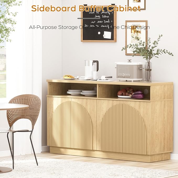 Yechen Fluted Sideboard Buffet Cabinet with Arched Reeded Doors, Mid Century Modern Credenza Storage Cabinet with Adjustable Shelves, TV Stand, for Living Room Kitchen Dinning Entryway/Natural Oak