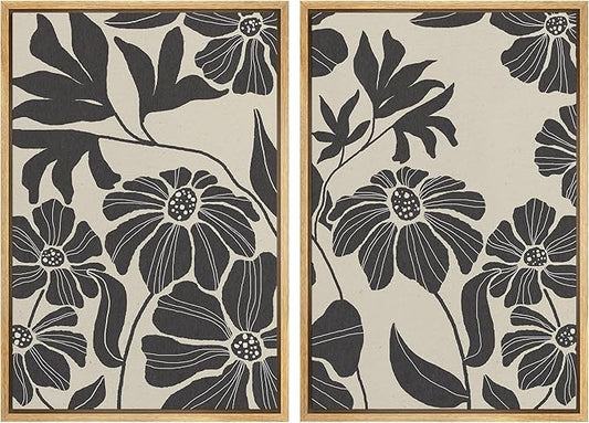 MUDECOR Framed Canvas Print Wall Art Monochrome Floral Botanical Black and White Illustrations Modern Art Decorative Bohemian Colorful Chic for Living Room, Bedroom, Office - 16"x24"x2 Natural