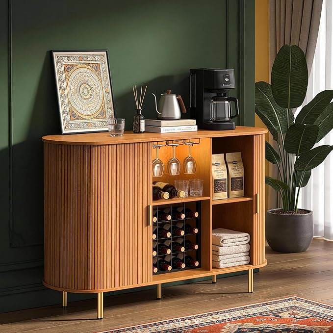 DHH 55" Wine Bar Cabinet with Storage, Fluted Liquor & Coffee Bar Cabinet with Wine Rack and Glass Holder, Buffet Sideboard with LED Lights for Home Kitchen Living Dining Room(Yellow Walnut)