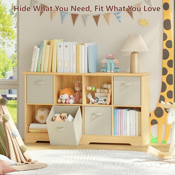 VORONOI 8 Cube Storage Organizer with 4 Fabric Drawers and Removable Shelves — Modular Cube Bookshelf for Bedroom, Living Room, or Home Office, Short Cube Bookcase for Toys, Decor,Natural Wood