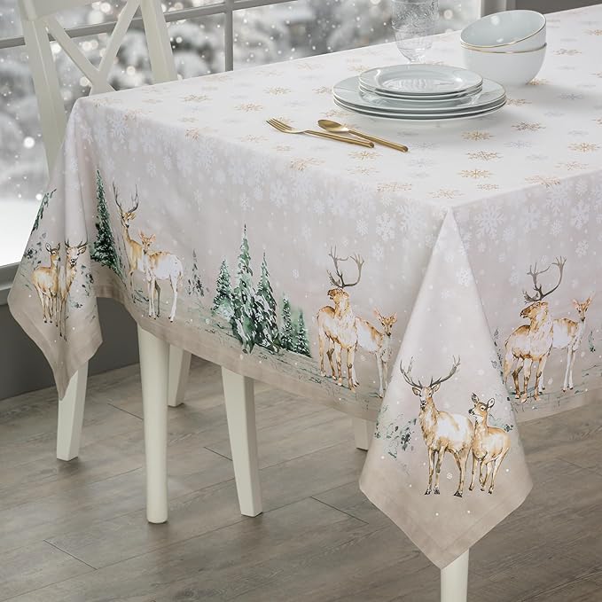 Maison d' Hermine Table Cloth Rectangle Table 100% Cotton 54 x 72 Inches Fall Tablecloth Reusable Everyday Use for Thanksgiving Christmas Decorations Dining Farmhouse Party (Deer in The Woods)