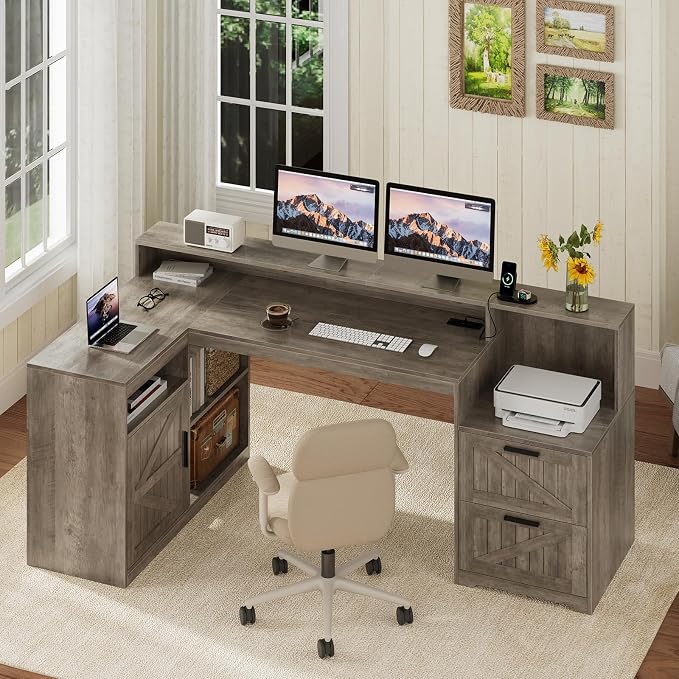 TVU Farmhouse L Shaped Desk with Drawers, 62.2" Home Office Desk with Storage Shelves and Power Outlet, L Shaped Computer Desk with Monitor Stand and Printer Shelf, Gray