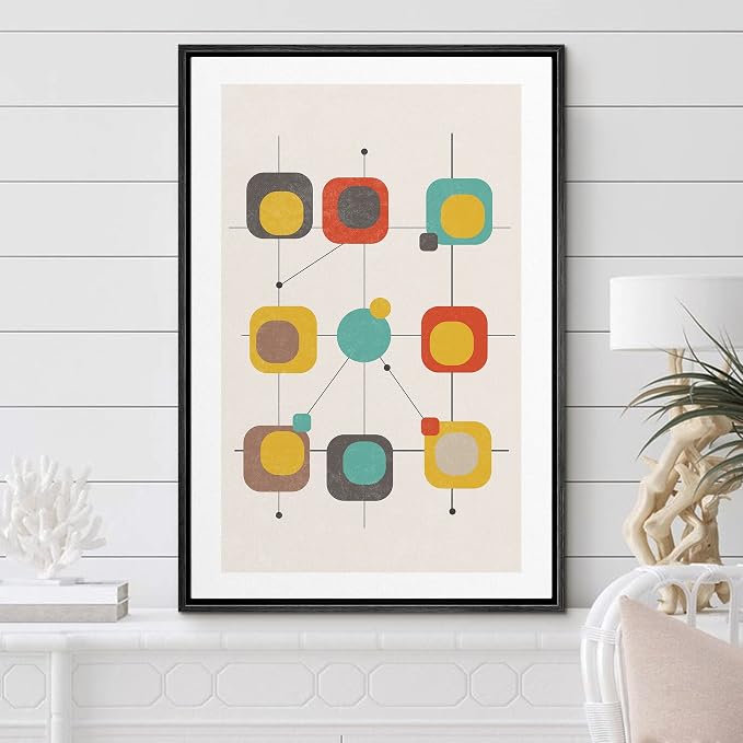 Woodrose Framed Canvas Print Wall Art Geometric Retro Color Block Variety Abstract Shapes Illustrations Modern Minimalist Chic Relax/Calm Multicolor for Living Room, Bedroom, Office - 24"x36" Black