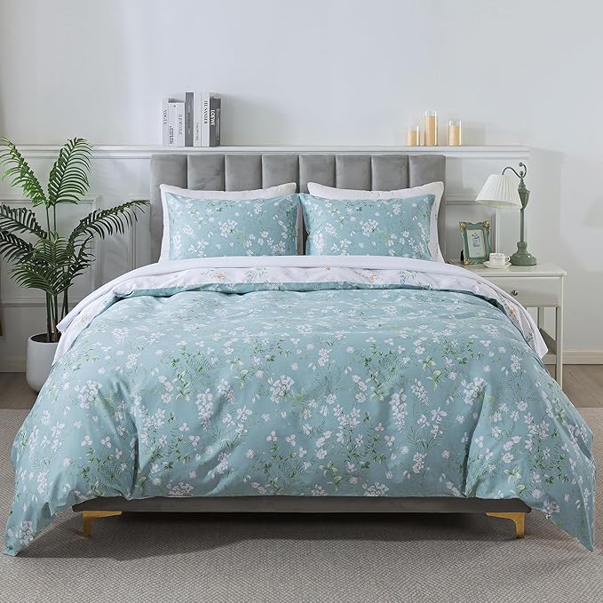 HoneiLife Wildflower Duvet Cover King - 100% Cotton Comforter Cover Sets, Botanical Duvet Cover Sets 3-PC, Floral Bedlinen Set with Zipper Closure & Corner Ties