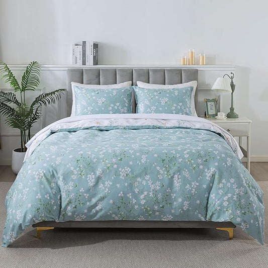 HoneiLife Wildflower Duvet Cover King - 100% Cotton Comforter Cover Sets, Botanical Duvet Cover Sets 3-PC, Floral Bedlinen Set with Zipper Closure & Corner Ties