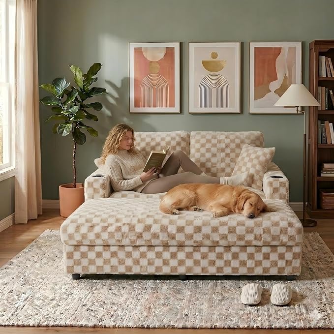 Eafurn Modern Oversized Chaise Lounge Chair with Integrated Ottoman, Corduroy Upholstered Deep Seat Sleeper Armchair with Power Charging Ports and Cup Holders, Cozy Accent Furniture for Living Room