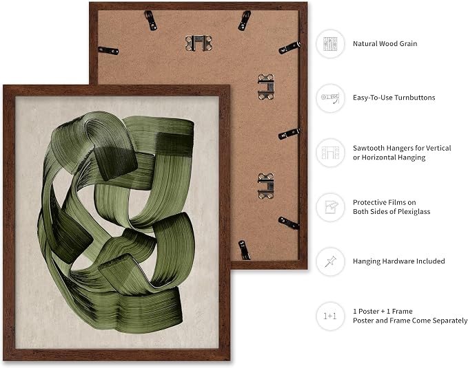 Poster Master Green Abstraction Poster - Brush Strokes Print - Painted Swirl Art - Chic Boho Design - Abstract Illustration - Great Office or Living Room Decor - 8x10 Brown Framed