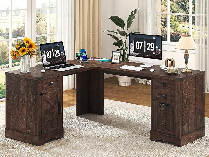Squireewo 68.9'' Farmhouse L Shaped Desk with Drawers, Wood Executive Home Office Desk with Charging Station, File Drawers and Storage Cabinet, Computer Corner Desk for Work, Study and Writing, Brown