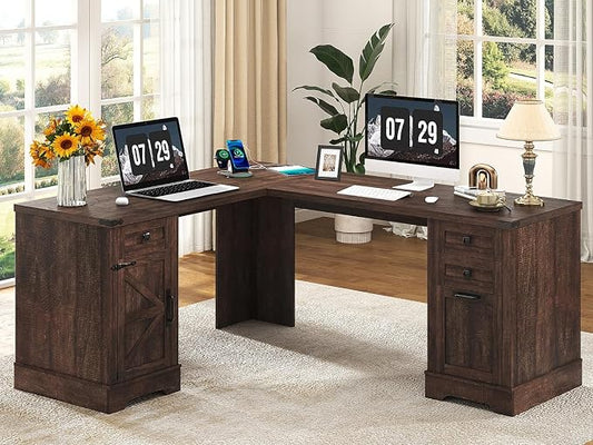 Squireewo 68.9'' Farmhouse L Shaped Desk with Drawers, Wood Executive Home Office Desk with Charging Station, File Drawers and Storage Cabinet, Computer Corner Desk for Work, Study and Writing, Brown