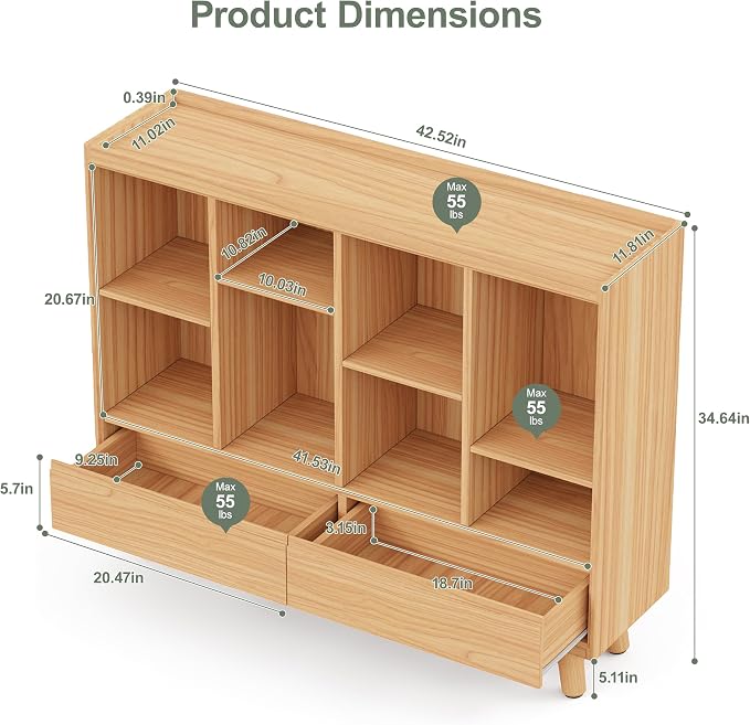 YOSHOOT 8 Cube Bookshelf with 2 Drawers - 42.5" Wood Cube Bookcase with Legs, Open Cubby Bookshelves for Bedroom, Living Room,Home Office, Nature
