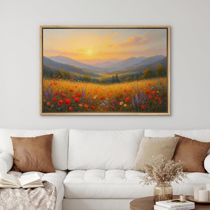 SIGNWIN Framed Canvas Print Wall Art Sunlit Wildflower Valley Bright Sunrise Landscape Decorative Multicolor Colorful Rustic for Living Room, Bedroom, Office - 16"x24" NATURAL