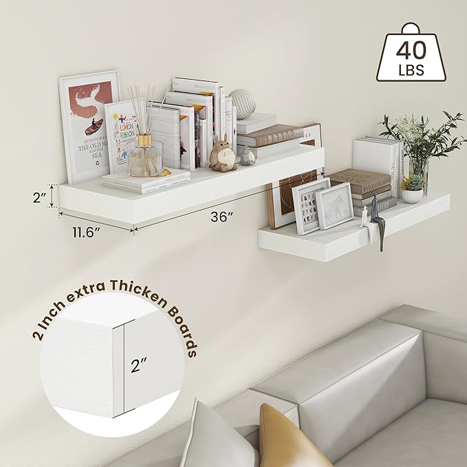 Deep Floating Shelves | 36 Inch White Floating Shelves Set of 2 | 12 Inch Deep Rustic Wood Shelves for Wall | 36" W x 12" D White Shelves for Living Room Bathroom Laundry Room Kitchen