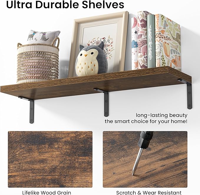 Marsmiles Extra Wide Floating Shelves for Wall, 16x8 Inch Natural Wood Grain Bookshelves, Heavy Duty Mounted Shelving for Bathroom, Kitchen, Living Room, Bedroom,Set of 2，Rustic Brown