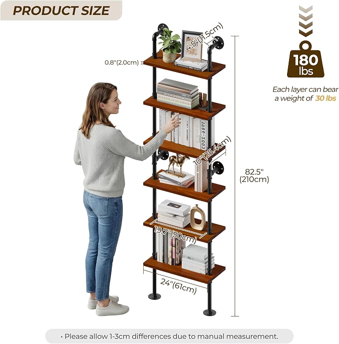 Industrial Ladder Pipe Shelves, Wall Mounted Rustic Bookshelf, Retro Metal Wood Bookcases (Walnut, 6 Tier - 10" D x 24" W x 82.5" H)