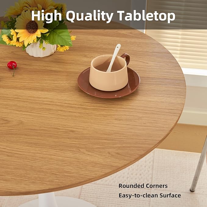 Round Dining Table, 31.5" Circle Tulip Table with Thickened Tabletop & Metal Pedestal, Mid Century Modern Bistro Table for Kitchen, Small Places, Living Room, Cafe (Faux Oak)