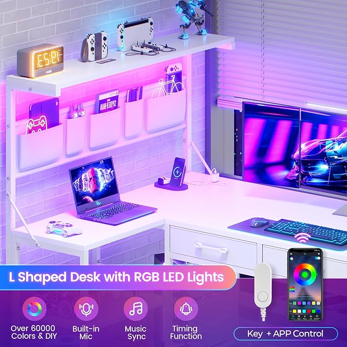 SEDETA Corner Computer Desk, Reversible L Shaped Computer Desk with Fabric Drawers and Power Outlet, 47.2” Gaming Desk with LED Lights, Storage Shelves and Hutch, White