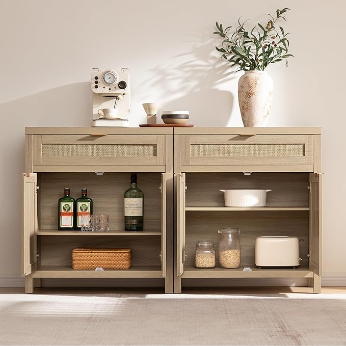 SICOTAS Sideboard Buffet Storage Cabinet Set of 3, Rattan Credenza Buffet Table, Boho Console Accent Cabinet with Doors and Drawer, Coffee Bar for Kitchen Entryway Living Room, Natural
