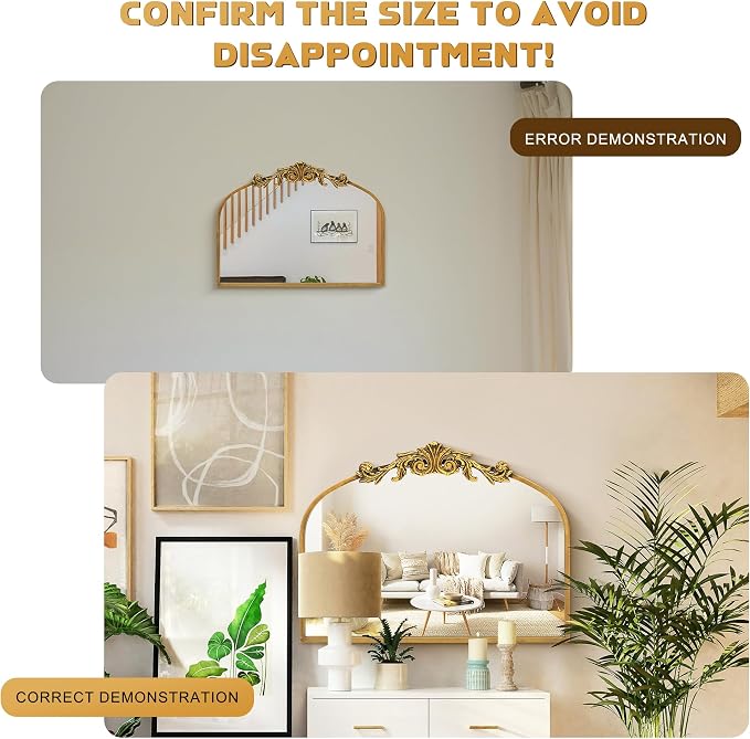 Gold Baroque Mirror Antique 31.5x24Inches - Vintage Arched Mirror with Ornate Gold Frame for Entryway, Narrow Hallway & Bathroom Wall Decor