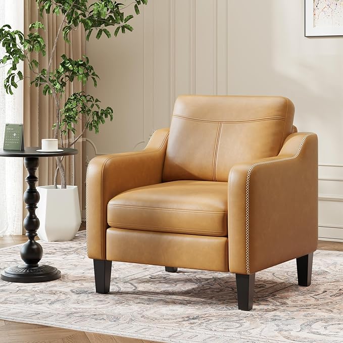 PU Leather Accent Chair, Mid-Century Modern Living Room Armchair Sofa with Removable Cushions, Solid Wood Frame & Stitched Armrest Design, Bedroom Chair with Plastic Legs, Brown