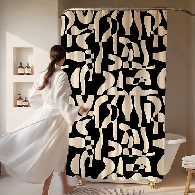 Modern Black and Ivory Geometric Pattern Print Shower Curtain - Abstract Minimalist Pattern - Neutral Design - Trendy Fabric Shower Curtain for Any Bathroom - 72x72 Inches (Geo Black)