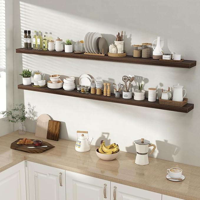 72 Inch Floating Shelves for Wall 2 Pack, 72" Wall Shelves for Books, Storage, Decor, Wall Mounted Floating Shelf with Invisible Brackets for Kitchen, Living Room, Walnut