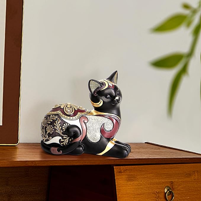 Black Cat Statue for Home Decor, Cat Figurines Room Decoration for Bookshelf Office Table, Vintage Matt Small Cat Sculpture Gift for Cat Lovers, Woman Mom Retro Cats Animal