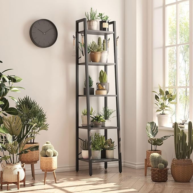 YMYNY 5 Tiers Ladder Bookcase, Industrial Narrow Bookshelf, Open Display Rack with 4 S Hooks, Metal Storage Shelves for Bedroom, Home Office, Living Room, Black, 63H*13.4L*11.8W, UHBC025B