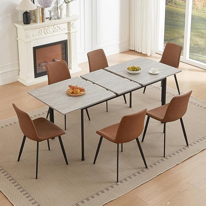 63"- 78.7" Extendable Dining Table with 6 Brown Dining Chairs, Modern Kitchen Table Set for 6, Thickened Expandable MDF Wooden Table with Metal Legs for Dining Room, Kitchen, Home