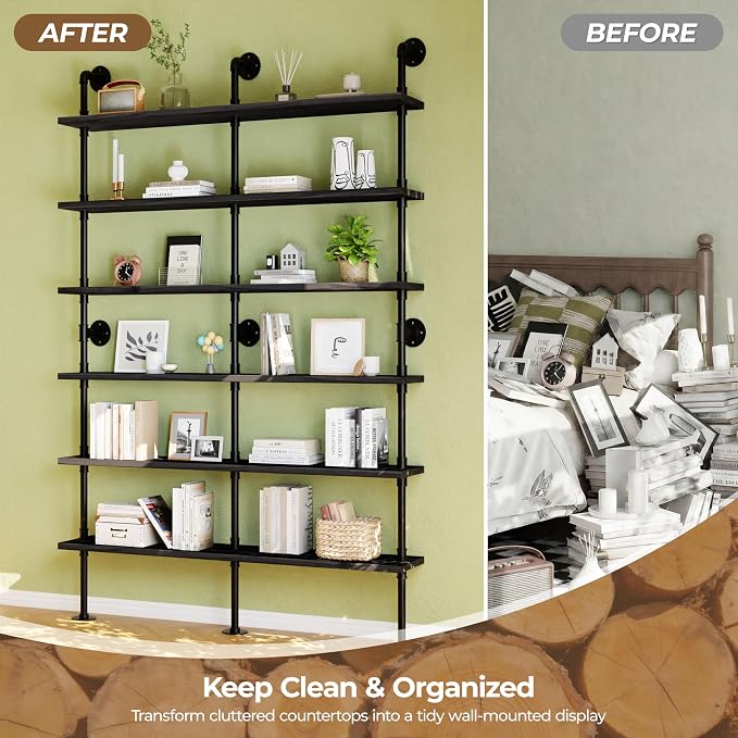 6 Tier Industrial Ladder Shelf Bookcase, Wall Mounted Rustic Bookshelf for Living Room Decor and Storage (Black, 6 Tier - 10" D x 60" W x 82.5" H)