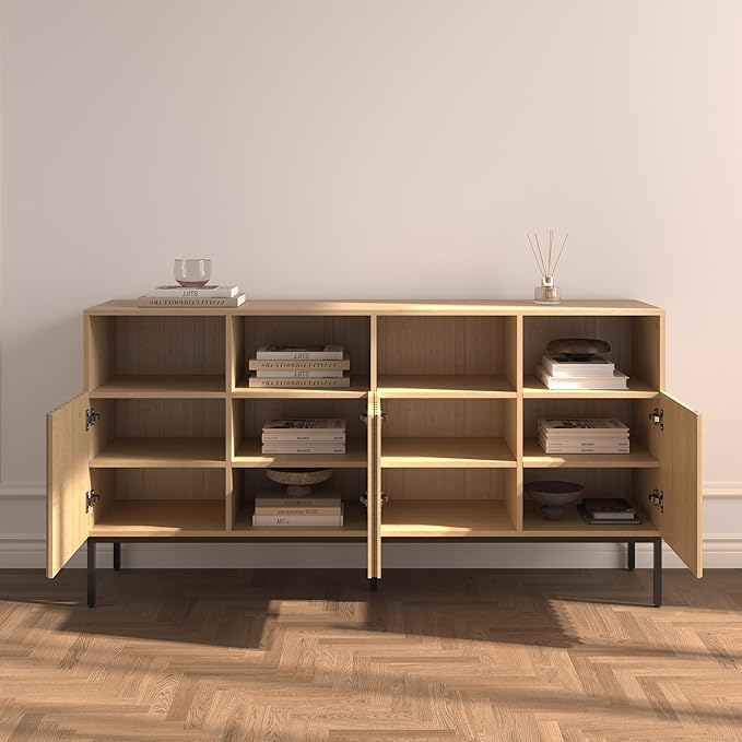 Oxford Fluted Storage Cabinet, Sideboard Buffet Credenza with Doors, Accent Console for Living Dining Room, Entryway, Natural Oak