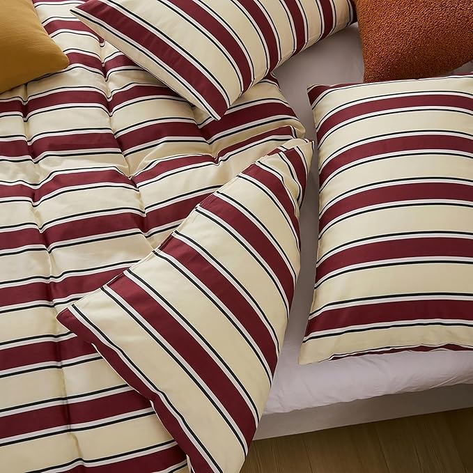Merryword Red and Cream Striped Duvet Cover Set King Size, 100% Cotton Bedding Set with Zipper Closure & 8 Corner Ties, Awning Stripe Bedding, Soft Breathable Comforter Cover for All Seasons
