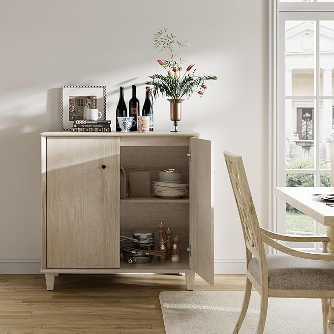 Sideboards Buffet Cabinet Wide Credenza Buffet Table with Adjustable Shelf, Modern Kitchen Accent Cabinet with Storage Compartments for Dining Room Living Room, Hallway, Light Oak