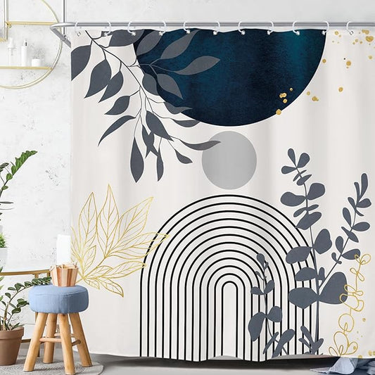 Riyidecor Boho Navy Blue Mid Century Shower Curtain,Modern Abstract Gold Leaves Fabric Cloth Bathroom Curtains,Minimalist Geometric Tropical Neutral Arch Sun Bathroom Decor Set with Hooks 72x72 Inch
