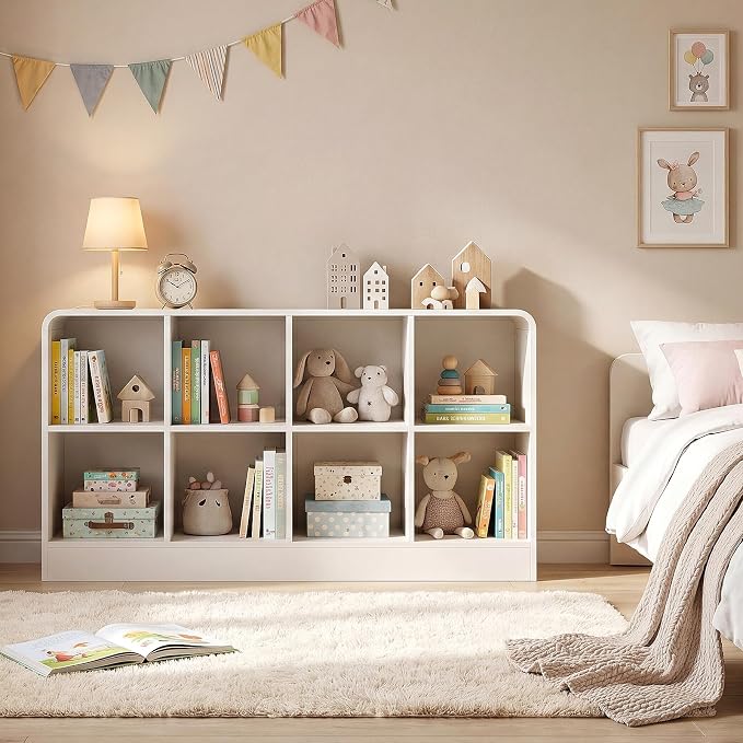 EXPERLAM White 8 Cube Storage Organizer with Rounded Edges and Reinforced Base, Low Horizontal Cube Bookshelf, Wooden Cube Shelf Bookcase for Living Room, Kids Room, Bedroom, TV Stand